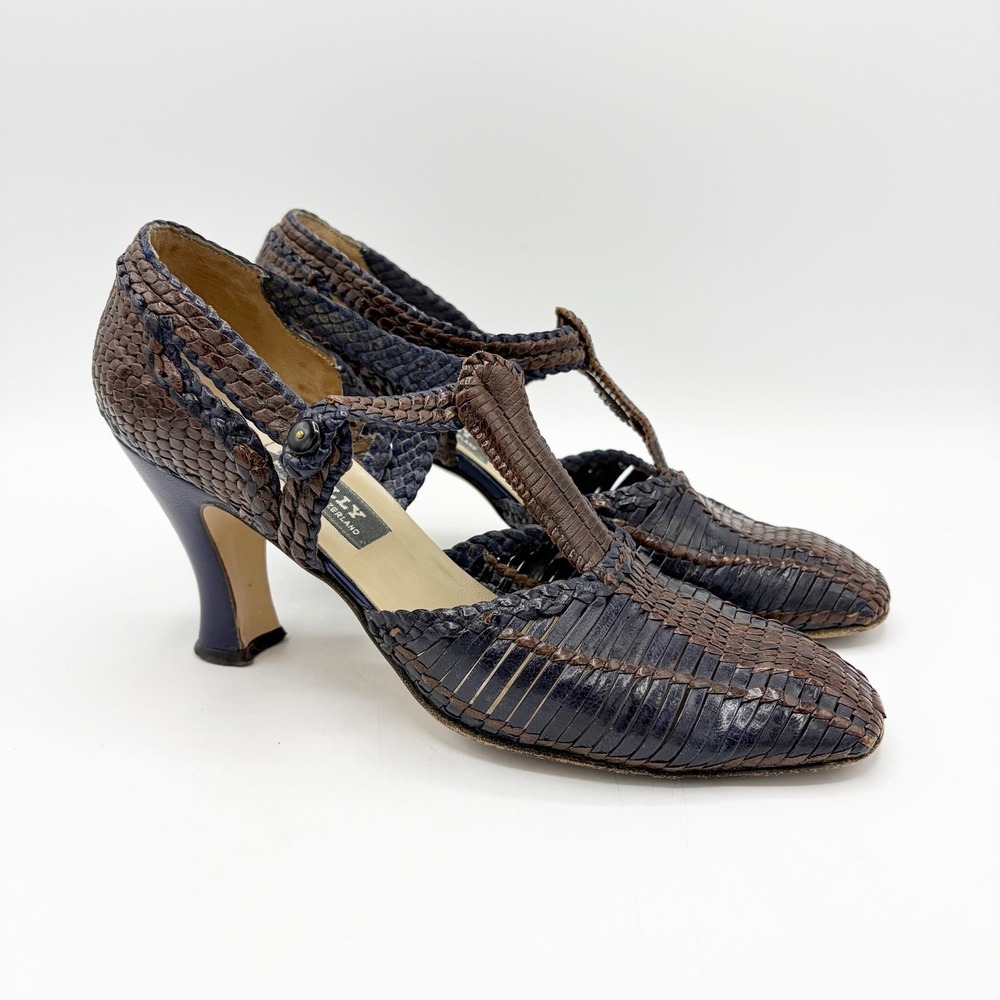 Bally Shoes Womens 38 Navy Brown Woven Leather T Strap Spool Heel Retro Pumps